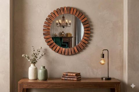 DFN WOOD FLOWER CEVİZ RENGİ AHŞAP YUVARLAK AYNA, 50X50 CM