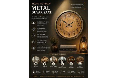 BRONZ NOSTALJİ METAL ESKİTME DUVAR SAATİ 40 CM