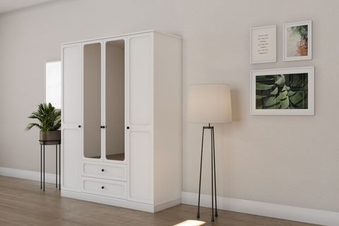 WİLLOW GARDIROP BEYAZ, 4 KAPAKLI, 2 ÇEKMECELİ