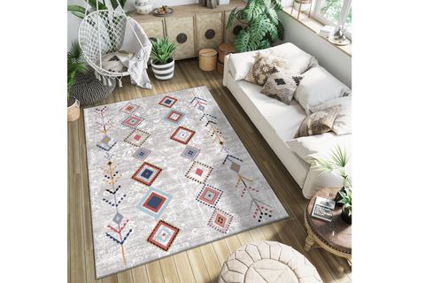 İSKANDİNAV BOHO DESENLİ BAKLAVA MOTİFLİ BAMBU DOKU SAÇAKLI DEKORATİF HALI, GRİ, 160X230