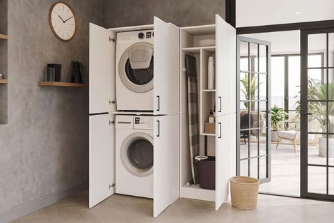 TANİ ROVİ ÇAMAŞIR VE KURUTMA MAKİNESİ BANYO DOLABI, ÜTÜ MASASI BÖLMELİ, BEYAZ