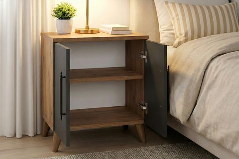 LUMEN RAFLI KLASİK KOMODİN, ANTRASİT ÇAM, 2 KAPAKLI