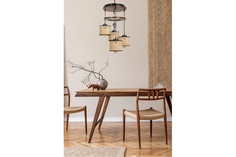 LUMEXX DAVİD DÖRTLÜ TEPSİLİ CEVİZ RATTAN ABAJURLU SARKIT