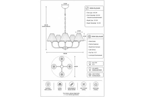 APOLLO BEŞLİ ESKİTME PİLELİ KREM ABAJURLU AVİZE