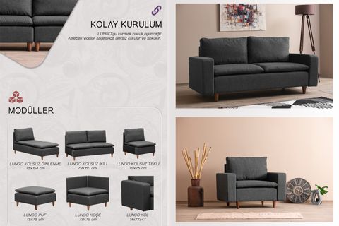 PAFU LUNGO KETEN MODÜLER KÖŞE KOLTUK TAKIMI KOLTUK, GRİ