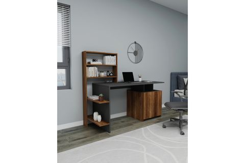 MELİS DOLAPLI RAFLI GENİŞ ÇALIŞMA BİLGİSAYAR MASASI, ANTRASİT CEVİZ