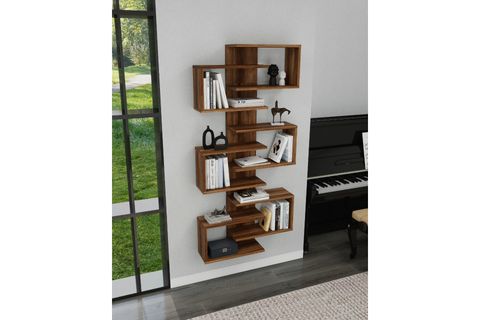 LOTUS 6 RAFLI DUVARA MONTE KİTAPLIK VE DUVAR RAFI, CEVİZ