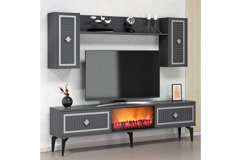 FLAME ŞÖMİNELİ TV ÜNİTESİ TAKIMI, ANTRASİT GÜMÜŞ