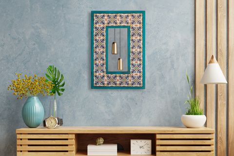 BLUE VİNTAGE AHŞAP ÇERÇEVELİ TRAVERTEN TAŞ DETAYLI AYNA, MR105