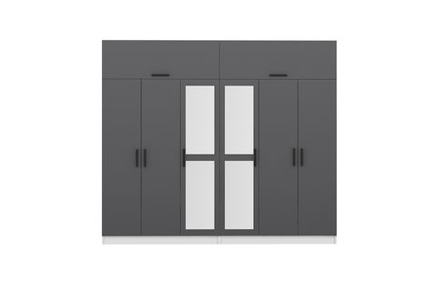 MİNAR KALE GARDIROP, 6 KAPAKLI 2 AYNALI 4 ÇEKMECELİ, BEYAZ ANTRASİT, 190 CM