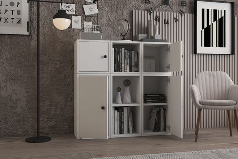 LEKSA 4 KAPAKLI ÇEKMECELİ RAFLI KİTAPLIK 65 CM BEYAZ KTP-1058-Ç