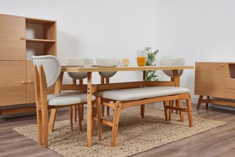 MOON BENCHLİ İSKANDİNAV MASA TAKIMI, 4 SANDALYELİ, KREM, 180X90
