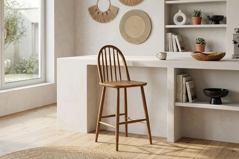 KUMSAL BAR SANDALYESİ, NATUREL AHŞAP, KREM KUMAŞ