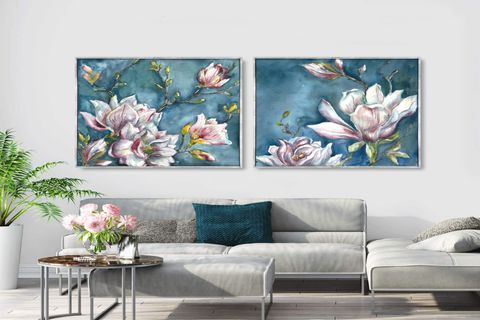 TABLOLIFE İLKBAHAR ÇİÇEKLERİ İKİLİ SET YAĞLI BOYA DOKULU TABLO, ÇERÇEVESİZ, 80X80