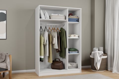 KARDELEN MAT BEYAZ ELBİSE DOLABI, 3 KAPAKLI, 5 RAFLI, 120 CM