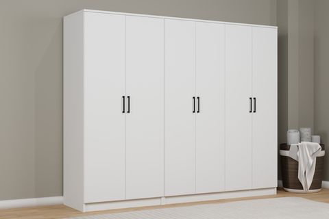 KARDELEN MAT BEYAZ ELBİSE DOLABI, 6 KAPAKLI, 9 RAFLI, 220 CM