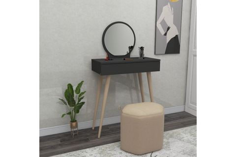 ARNETTİ SİENA ÇEKMECELİ AHŞAP AYAKLI AYNALI MAKYAJ MASASI, ANTRASİT - SİENA