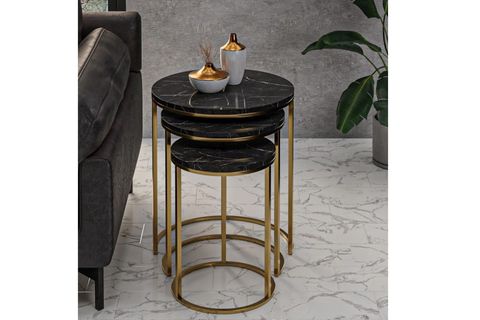 TUBİHOME ZİGON SEHPA TAKIMI, GOLD AYAK, MERMER DESEN SİYAH AHŞAP