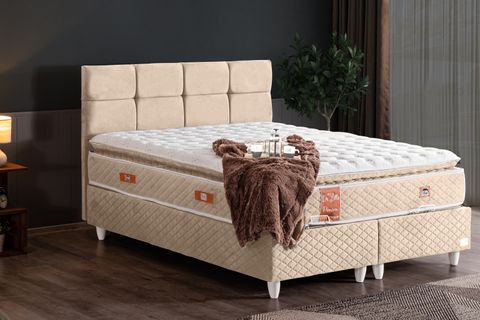 GÜMÜŞ BAZA BAŞLIK VE REAL PEDLİ YATAK SETİ, BEJ, 100X200