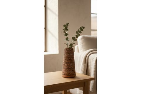 SİYAH EL YAPIMI TERRACOTTA VAZO KABARTMALI BOHO DEKOR