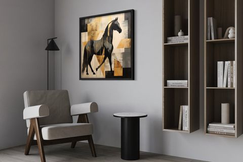 AHŞAP TRAVERTEN DOKULU SOYUT TABLO, BLACK GOLD HORSE