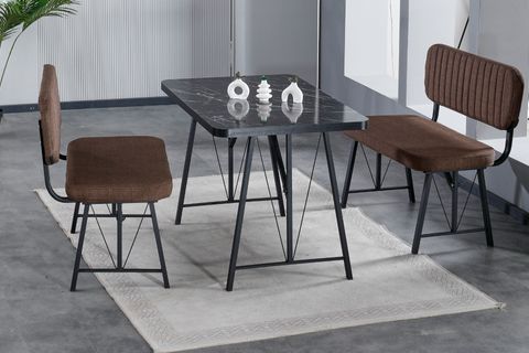LAJMY SİYAH MERMER SABİT MUTFAK MASA TAKIMI, 2 SIRTLI BENCH, KAHVERENGİ, 70X110