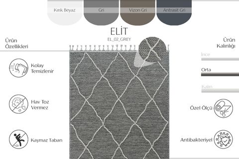 ELİT EL 02 GREY GRİ HAV TOZ VERMEZ ETNİK ÖRGÜ DESEN HASIR DOKUMA KESME YOLLUK MODERN SALON HALISI 80X250