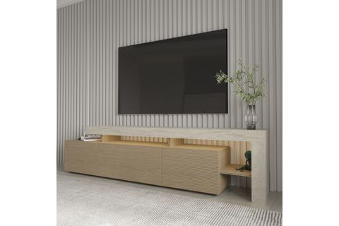 BELİZ LED IŞIKLI TV SEHPASI, TRAVERTEN/SICAK MEŞE