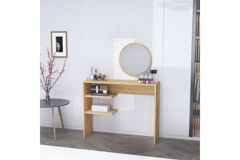 DALİ GENİŞ AYNALI RAFLI MAKYAJ MASASI, SAFİRMEŞE BEYAZ