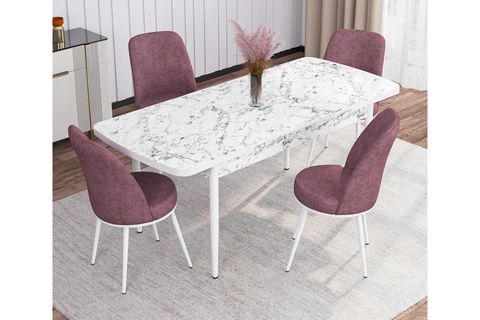 ROVENA LEONA AÇILABİLİR MUTFAK MASASI TAKIMI, BEYAZ MERMER DESEN, GÜLKURUSU, 132X80