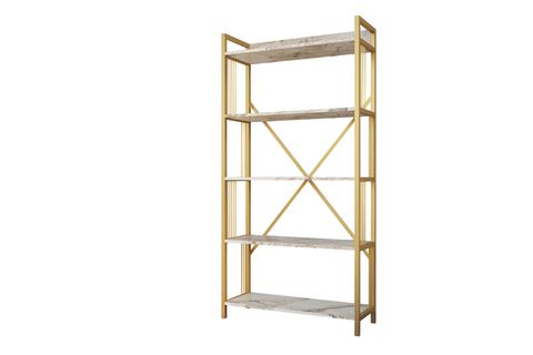 NEW DEKORATİF METAL KİTAPLIK, BEYAZ MERMER GOLD, 5 RAFLI
