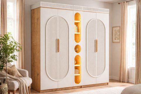ATHENA 4 KAPAKLI LEDLİ KİTAPLIKLI DOLAP, KREM   CEVİZ