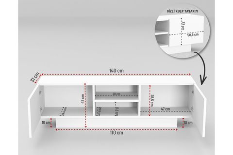 DORA ÇİFT KAPAKLI TELEVİZYON SEHPASI, BEYAZ, 140 CM