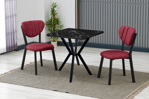 ELİS MUTFAK MASA TAKIMI, 2 SANDALYE, SİYAH, 70X70 CM, BORDO