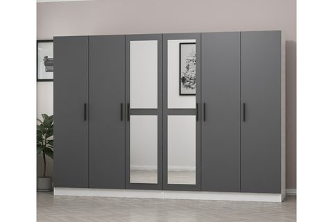 MİNAR KALE 6 KAPAKLI 2 AYNALI 4 ÇEKMECELİ DOLAP BEYAZ ANTRASİT 210CM