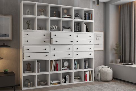 LEXSA ÇOK AMAÇLI KİTAPLIK DOLABI ÇEKMECELİ MODÜLER RAF SİSTEMİ BEYAZ