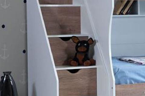 ÇEKMECELİ MERDİVENLİ RAFLI YAVRULU RANZA, CEVİZ EKRU, 90X190