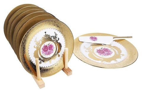 QEDİ PORSELEN NOSTALJİK 8 PARÇA PASTA SERVİS SUNUM SETİ GÜL BUKETİ M3