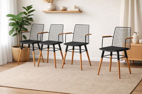 AHŞAP KOLLU TEL SANDALYE, 4 ADET