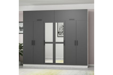 MİNAR KALE GARDIROP, 6 KAPAKLI 2 AYNALI 4 ÇEKMECELİ, BEYAZ ANTRASİT, 190 CM