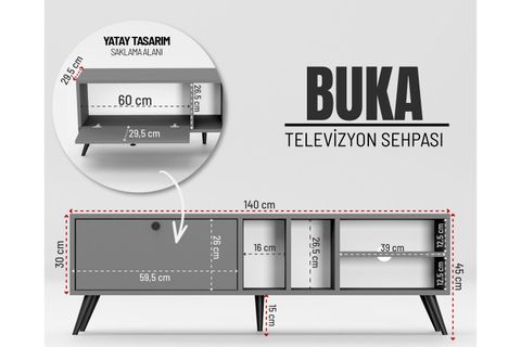BUKA GENİŞ TEK KAPAKLI TV SEHPASI, ANTRASİT, 140 CM