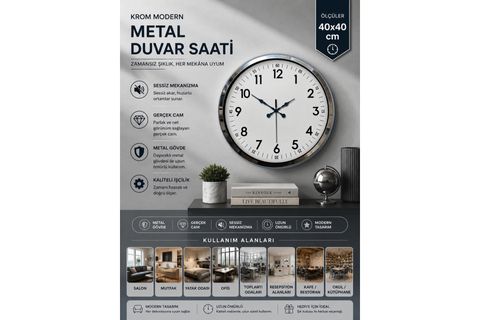 MODERN KLASİK KROM METAL DUVAR SAATİ 40 CM