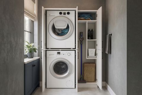TANİ ROVİ ÇAMAŞIR VE KURUTMA MAKİNESİ BANYO DOLABI, ÜTÜ MASASI BÖLMELİ, BEYAZ