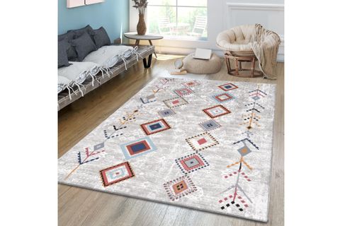 İSKANDİNAV BOHO DESENLİ BAKLAVA MOTİFLİ BAMBU DOKU SAÇAKLI DEKORATİF HALI, GRİ, 160X230