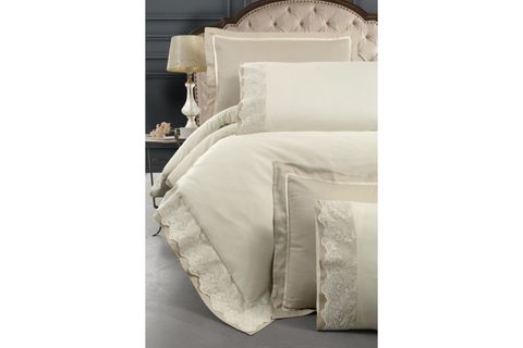 DİANA DANTELLİ PAMUK SATEN NEVRESİM TAKIMI, ÇİFT KİŞİLİK, KREM BEJ