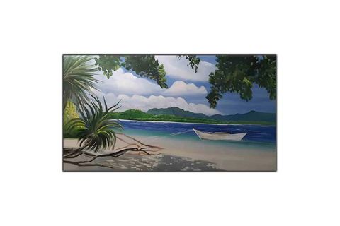 BULUTLU SAHİL MANZARALI SANDAL VE KUMSAL ORİJİNAL YAĞLI BOYA TABLO