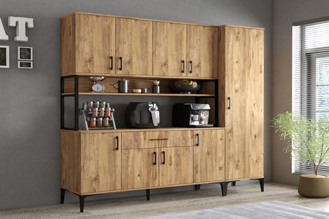 TANMOB MELİS MDL0502 ALT ÜST TEK KAPILI ÇOK AMAÇLI DOLAP, 8 KAPAKLI ÇEKMECELİ RAFLI, ÇAM