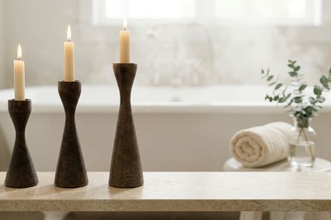 AHENK KAYIN AHŞAP ÜÇLÜ ŞAMDAN SETİ, KOYU CEVİZ,  15-20-25 CM