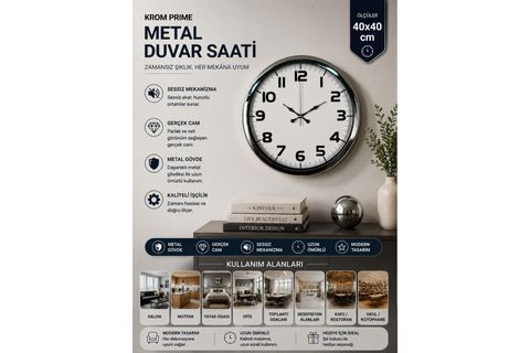KROM PRİME METAL DUVAR SAATİ 40 CM