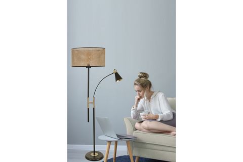 LUMEXX FORZA SİLİNDİR LAMBADER, SİYAH AYAK, RATTAN ABAJURLU